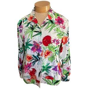 Erin London Women's Petite Large White Green Pink Red Floral Blouse Long Sleeve